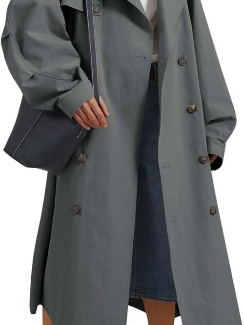 Womens Double Breasted Long Trench Coat Oversized Classic Lapel Belted Overcoat