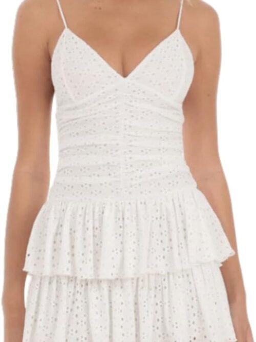 Women's Deep V-Neck Spaghetti Strap Casual Tiered Mini Dresses Summer Layer Ruffle Hem Short Dress