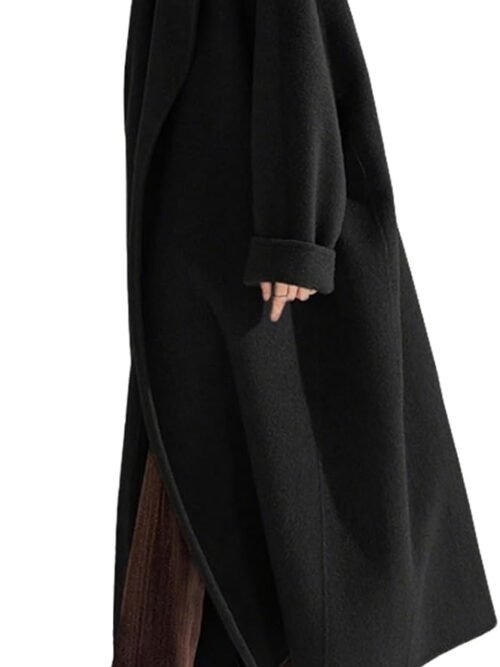 Women's Winter Belted Wool Coat Lapel Collar Pea Coat Open Front Long Wool Trench Coat with Hood
