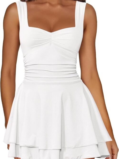 Women's Square Neck Sleeveless Mini Dress Ruched Waist Tiered Ruffle Hem A Line Short Dresses