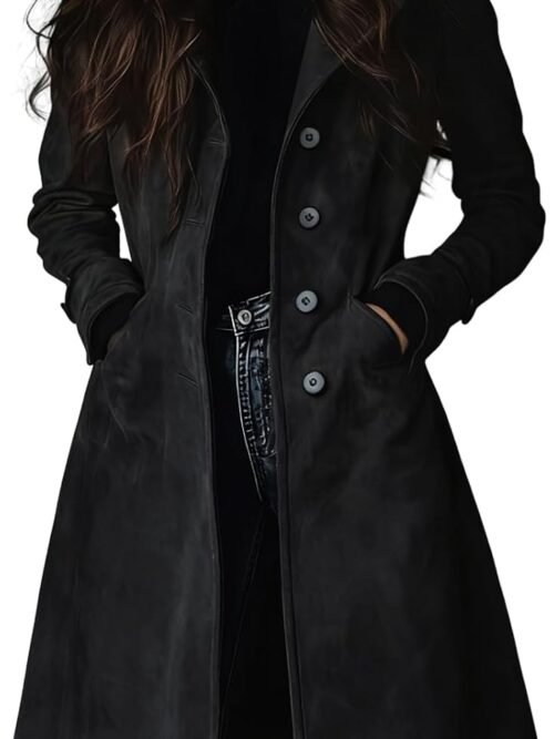 Womens Long Suede Trench Coat Single Breasted Leather Trench Overcoat with Pocket