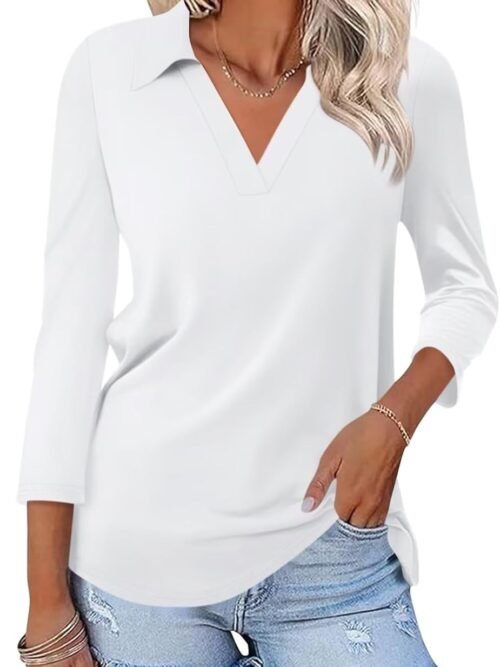 Women's 3/4 Sleeve V-Neck Collared Polo Shirt