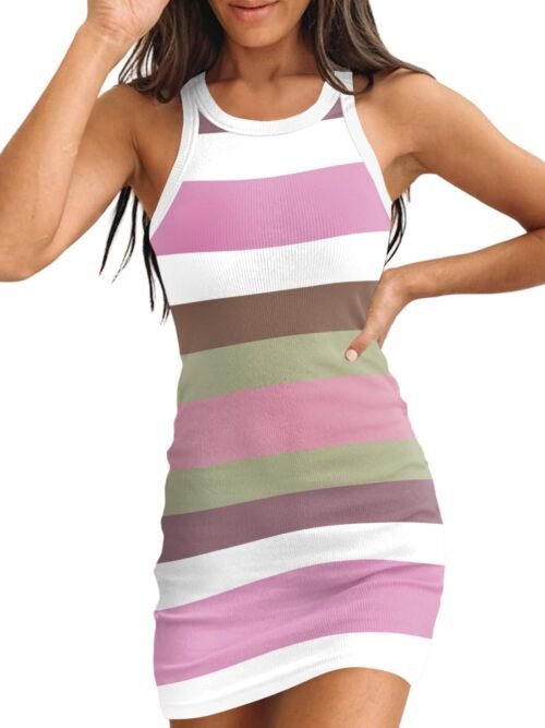 Womens Ribbed Scoop Neck Sleeveless Tank Dresses Basic Bodycon Mini Dress