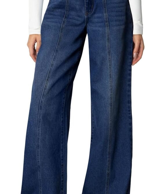 Women's Wide Leg Jeans High Waisted Stretchy Straight Leg Jeans Trendy Seamed Front Loose Denim Pants
