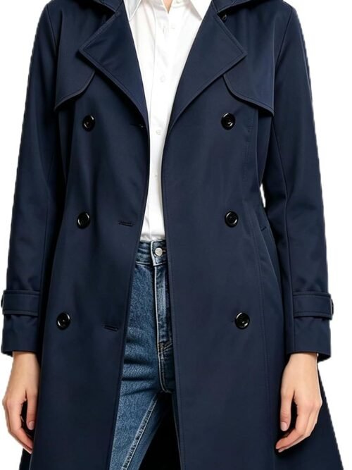 Women's Waterproof Trench Coat Long Double Breasted Windbreaker Classic Belted Lapel Overcoat with Removable Hood