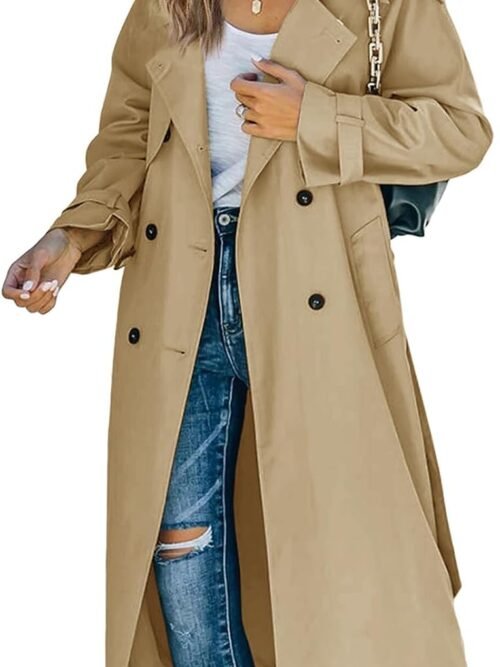 Women's Double Breasted Long Trench Coat Windproof Classic Lapel Slim Overcoat with Belt