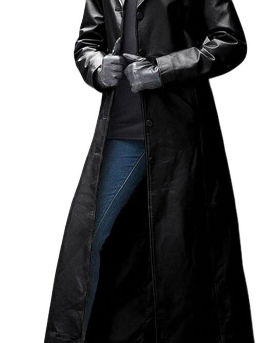 Womens Faux Leather Trench Coat Classic Lapel Button Down Maxi Jacket Stylish Overcoat