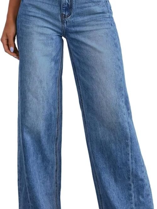Women's Wide Leg Jeans High Waisted Stretchy Raw Hem  Denim Pants