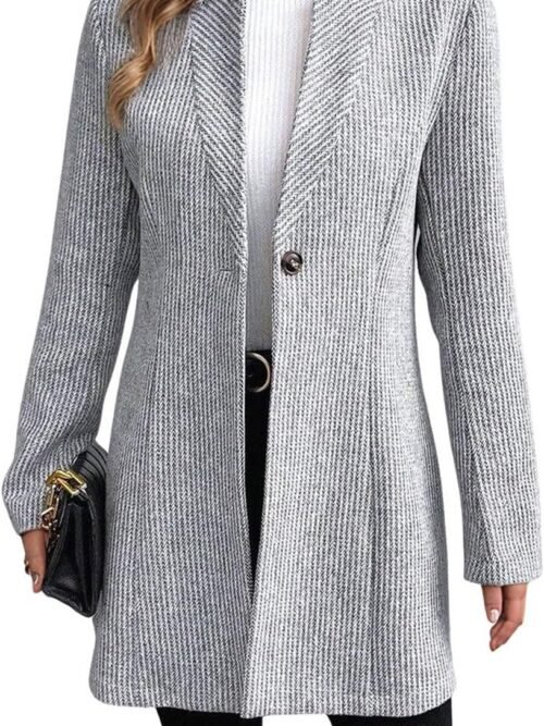 Womens Long Sleeve Casual Wool Jacket Blazer 1 Button Winter Coat Mid-Long Stand Collar Open Front Overcoat