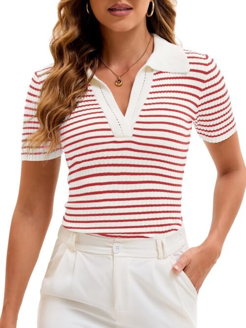 Women's Striped Knit Collared Polo Shirt