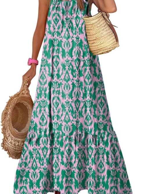 Women Summer Dresses  Spaghetti Strap Scoop Neck Smocked Ruffle Flowy Boho Maxi Dress