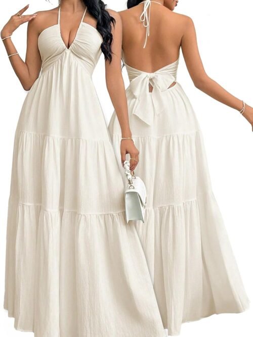 Women's Maxi Summer Dresses Halter V Neck Beach Dresses for Women A-Line Casual Dress for Vacation