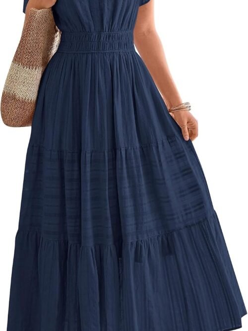 Womens Summer  Casual Midi Maxi Dresses Lightweight Short Sleeve V Neck Elastic Waist Boho Beach Dress Pockets