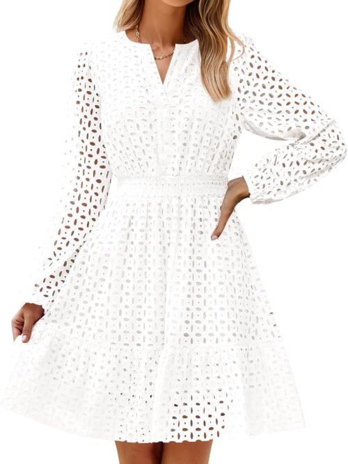 Women's  Long Sleeve Mini Dress Fall V Neck Hollow Out Eyelet Embroidery Ruffle A Line Swing Short Dresses