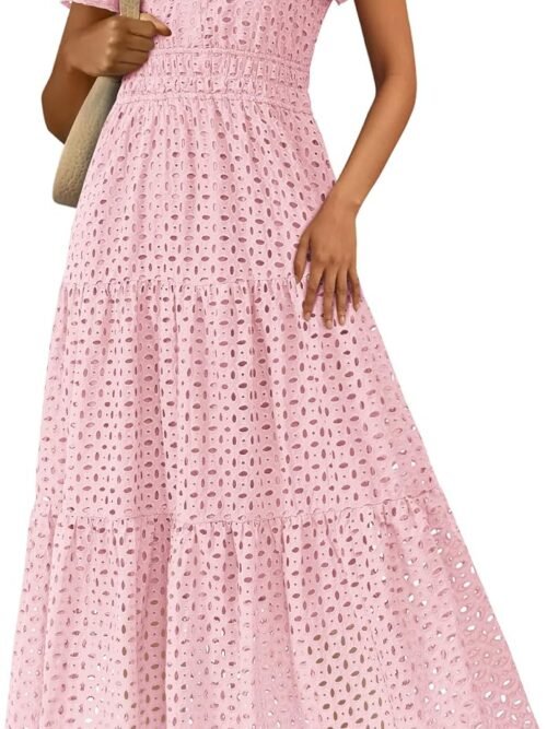 Womens  Summer Maxi Dress Short Sleeve V Neck Hollow Out Eyelet A Line Long Flowy Beach Vacation Dresses